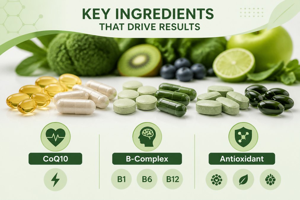 Close-up of supplement capsules and tablets arranged on clean white surface, showing variety of colors and forms, with fresh fruits and vegetables blurred in background