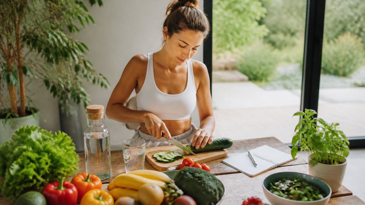 Jonge vrouw bereidt gezonde maaltijd met groenten en water om op jonge leeftijd cellulite te voorkomen.