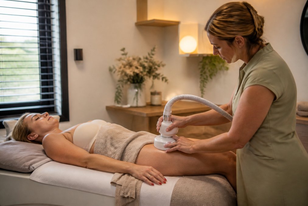 Therapeut gebruikt LPG Endermologie op het been om cellulitis behandelen in een ontspannen kliniekruimte.