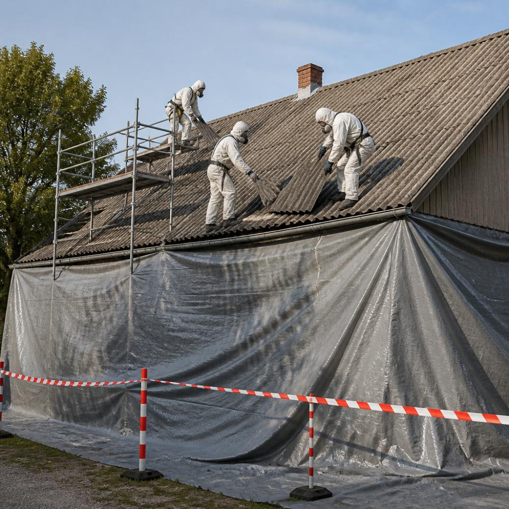 Pracovníci v bílých ochranných oblecích a respirátorech demontují eternitové šablony ze střechy rodinného domu, pod pracovištěm je natažená ochranná plachta, kolem objektu je vyznačeno zakázané pásmo, denní světlo