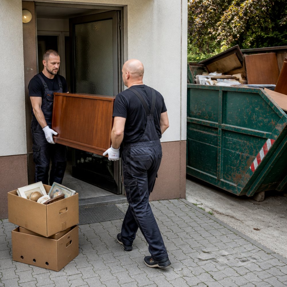 Dva pracovníci v pracovních oděvech vynášejí starý nábytek a krabice z bytu po zemřelém, na chodbě domu stojí připravený kontejner na odpad