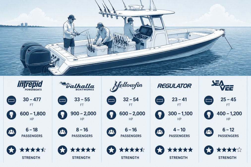 Professional center console boat anchored in clear offshore waters with anglers aboard preparing fishing equipment, showing open deck layout and helm station with natural daylight