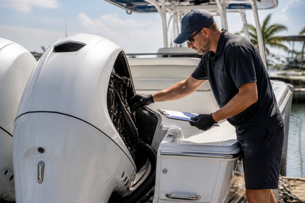Professional marine technician inspecting outboard motor and engine compartment of a center console boat, checking maintenance logs and service records