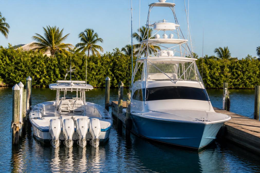 A large sportfish convertible yacht and a sleek center console boat moored side by side at a marina dock, with the size difference and structural contrast clearly visible under afternoon sunlight