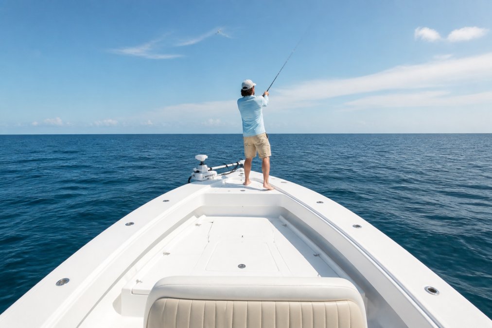 Angler casting a fishing rod from the bow of a center console yacht with clear unobstructed deck space on both sides, showing full 360-degree access around the vessel with ocean horizon in background