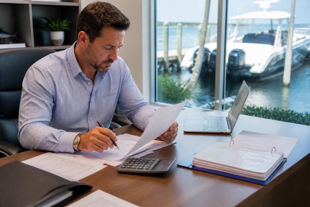 Professional reviewing marine financing documents at desk with laptop, calculator, and loan paperwork in modern office setting with natural light