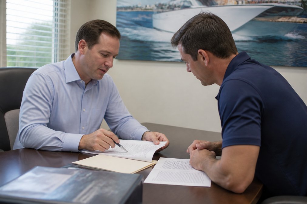 Financial advisor reviewing credit report and loan pre-approval documents with client at desk, computer screen visible, professional office setting