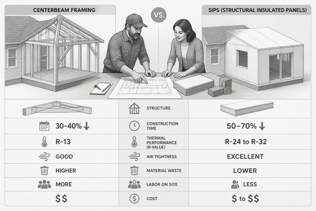Professional contractor and homeowner reviewing structural plans and material samples on a work table, discussing framing options including SIP panels and centerbeam alternatives for a residential home addition