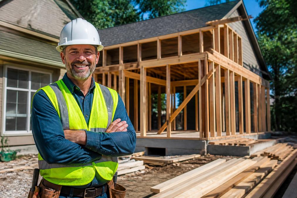 Professional contractor in hard hat and safety gear standing in front of a residential home addition project in progress, showing structural framing and construction materials on site