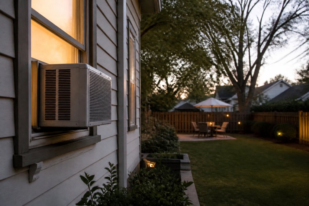 Window air conditioning unit glowing in a suburban home at dusk, highlighting comfort in the central air vs window unit