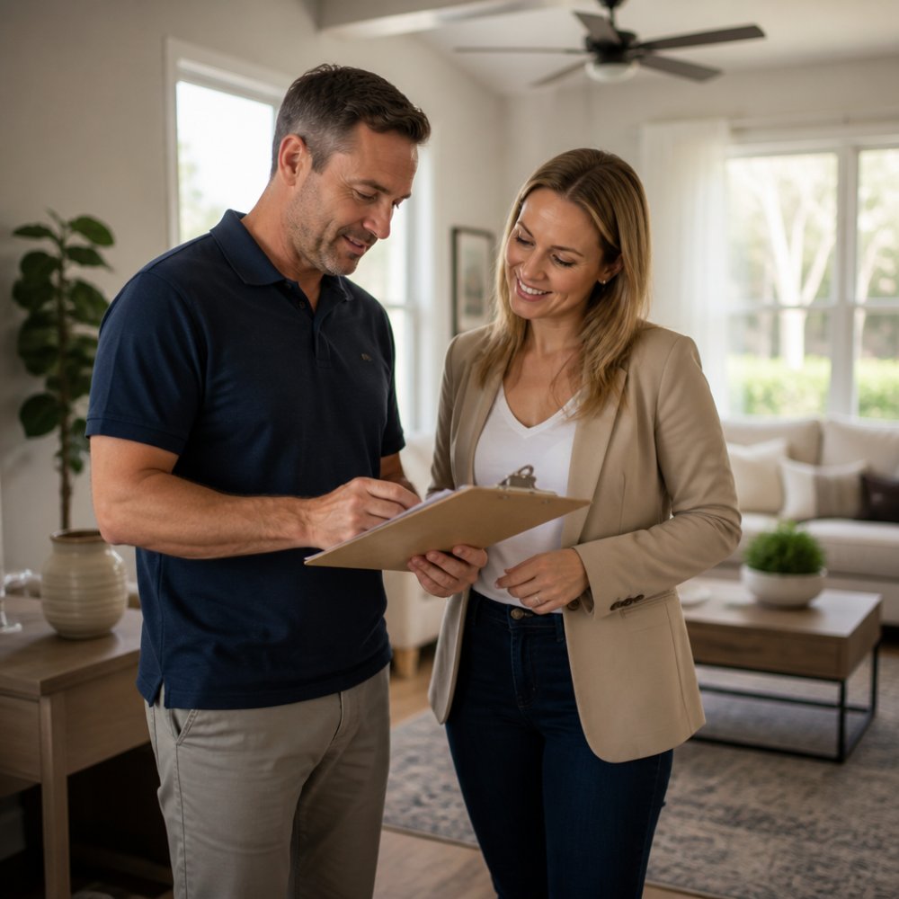A homeowner and real estate agent reviewing a checklist on a clipboard inside a bright, staged living room with neutral decor and natural light