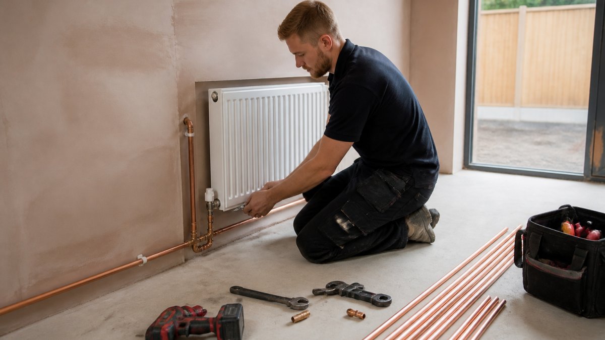 A heating engineer in work clothes fitting pipework and a radiator against a newly plastered wall in a bright, unfinished extension room, with tools and copper pipe on the floor nearby