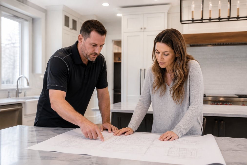A professional contractor in a branded polo shirt reviewing blueprints with a homeowner at a kitchen counter in a bright, newly renovated New Jersey home