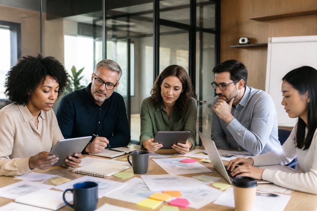 Équipe diversifiée de professionnels RH et gestionnaires de formation examinant des programmes de formation sur des tablettes et ordinateurs portables dans une salle de réunion moderne, avec des notes adhésives et des documents de planification sur la table