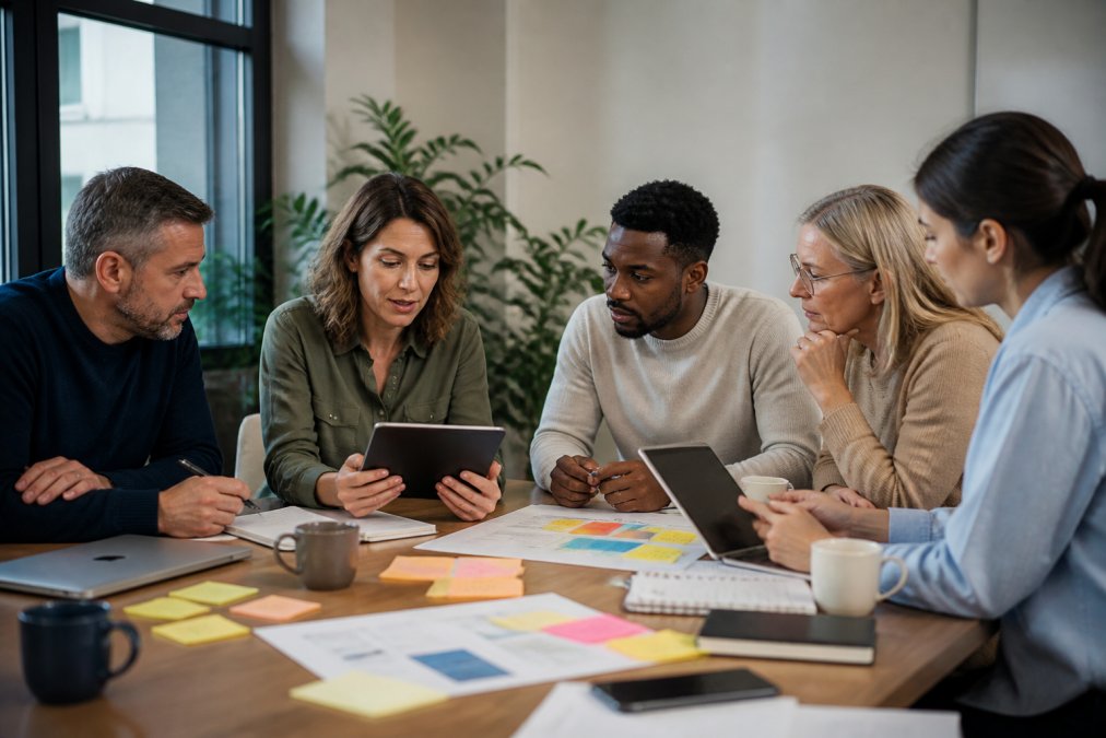 Équipe diversifiée de professionnels RH et gestionnaires de formation examinant des programmes de formation sur des tablettes et ordinateurs portables dans une salle de réunion moderne, avec des notes adhésives et des documents de planification sur la table