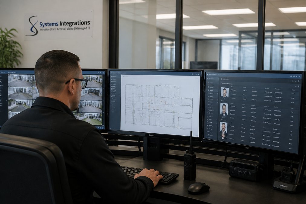 Security analyst monitoring a centralized access control dashboard on multiple screens in a corporate office