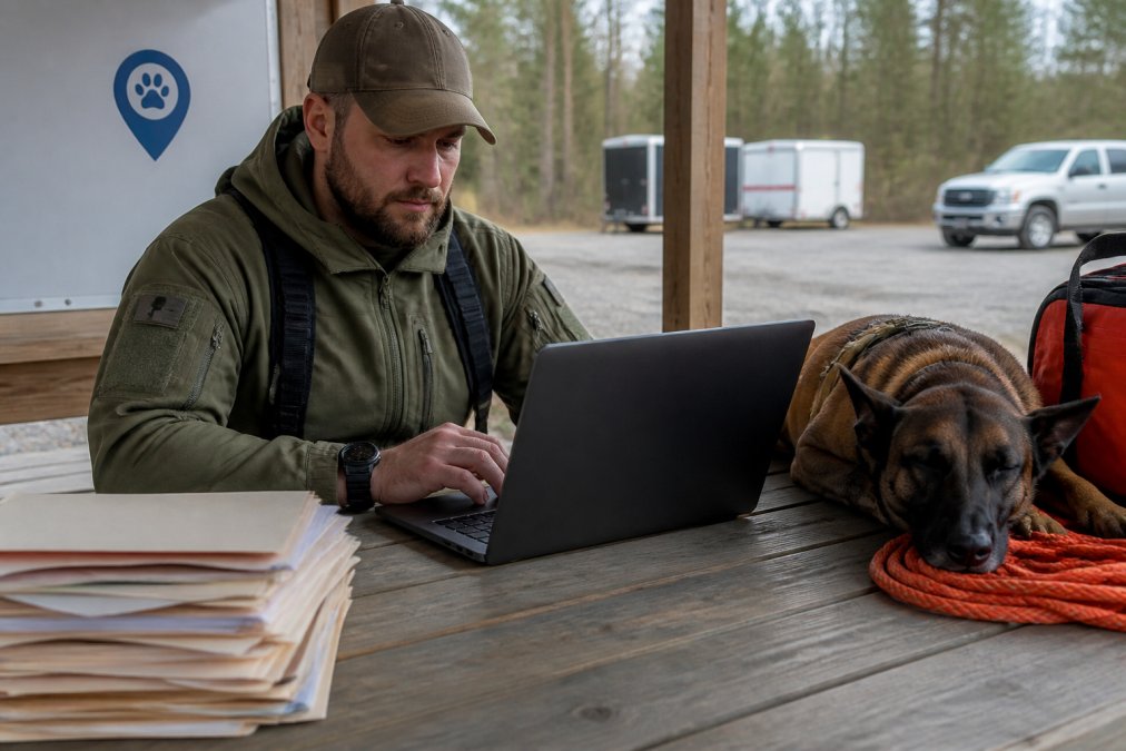 A SAR K9 handler in field gear sitting at a table with a laptop, reviewing training records, with a working dog resting nearby and paper logs stacked to the side