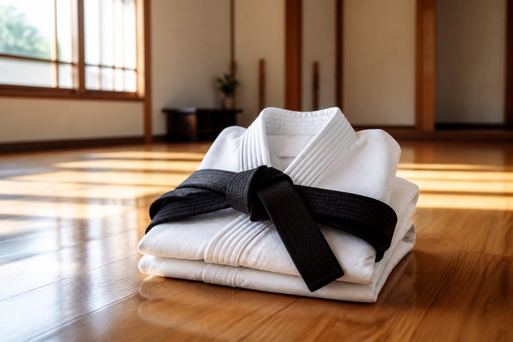A neatly folded white karate gi with a black belt resting on top, displayed on a clean wooden dojo floor with soft natural light streaming in from a nearby window