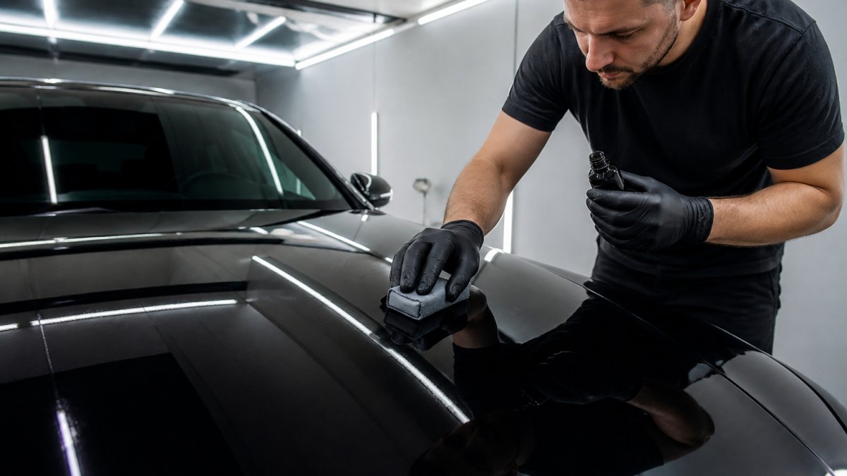 Detailer in nitrile gloves performing a ceramic coating application on a car bonnet using a suede block