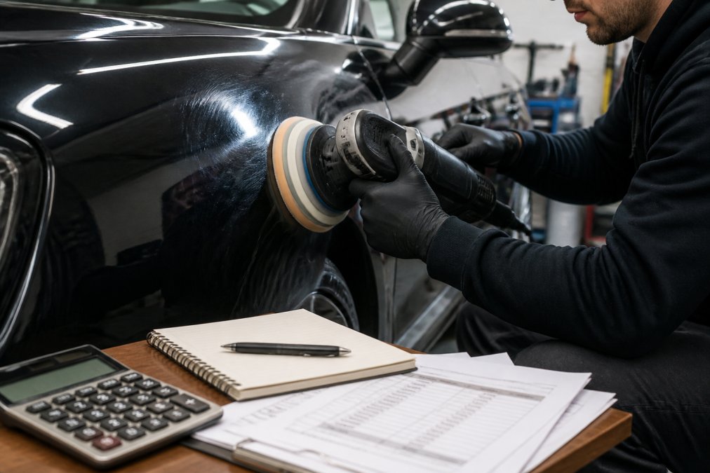 Close-up of a detailer using a dual-action polisher on a car panel under bright workshop lighting, revealing the removal of swirl marks on dark metallic paint