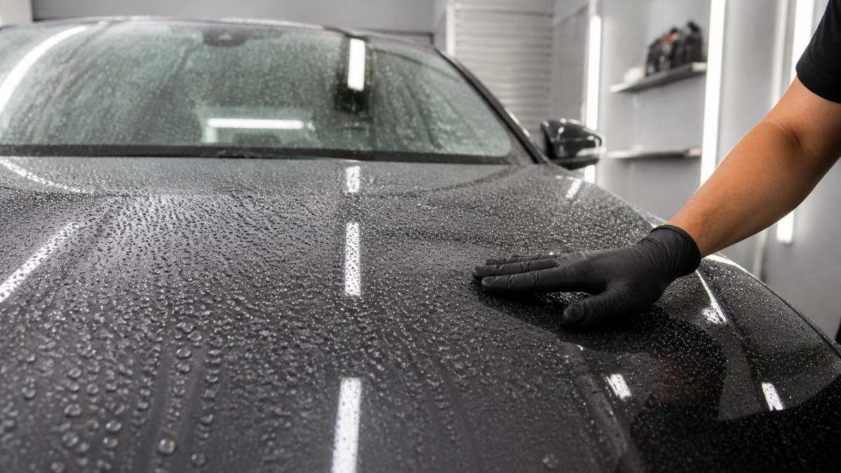 Detailer inspecting water beading on a hood during ceramic coating curing inside a clean workshop