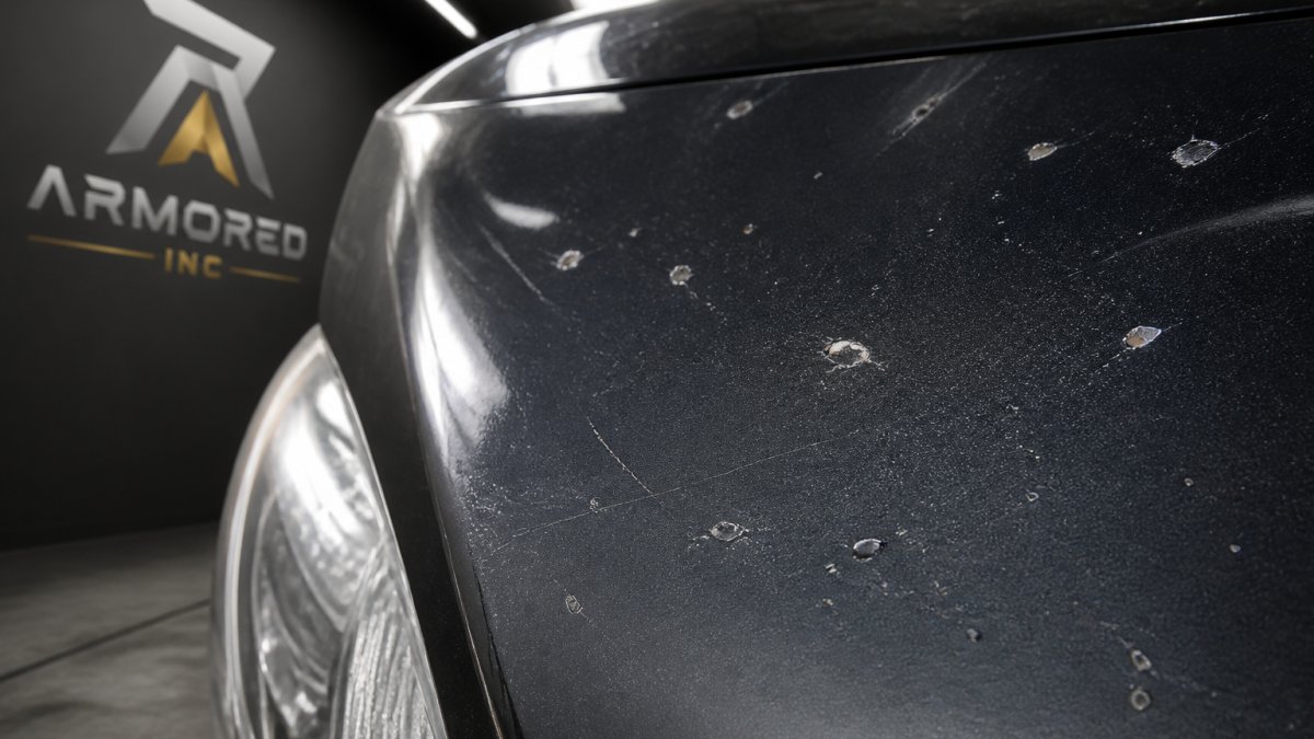 Close-up of a car's painted surface showing rock chips, scratches, and paint damage from road debris and environmental wear