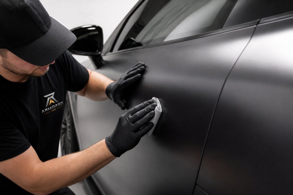 Professional technician using a clay bar on a matte-finish vehicle panel with careful hand positioning, showing proper technique under bright workshop lighting