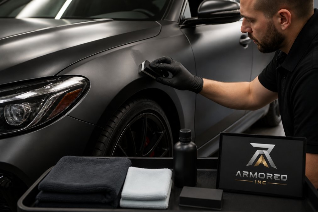 Professional applying ceramic coating with a microfiber applicator to a matte car panel in controlled lighting, demonstrating even coverage technique