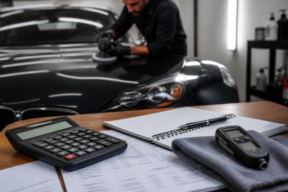 Detailer using a polisher on a luxury car hood, a key factor impacting overall ceramic coating pricing.