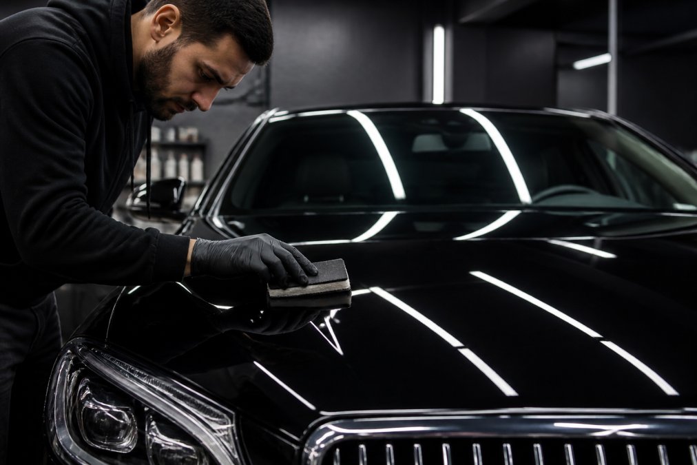 A professional detailer in a clean workshop applying ceramic coating to a glossy black luxury car hood using a foam applicator block, with bright workshop lighting reflecting off the paint surface