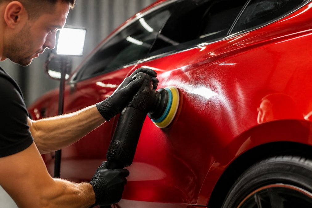 Close-up of a detailer using a dual-action polisher on a red sports car panel to remove swirl marks, with a bright inspection light revealing the paint surface texture in a professional shop