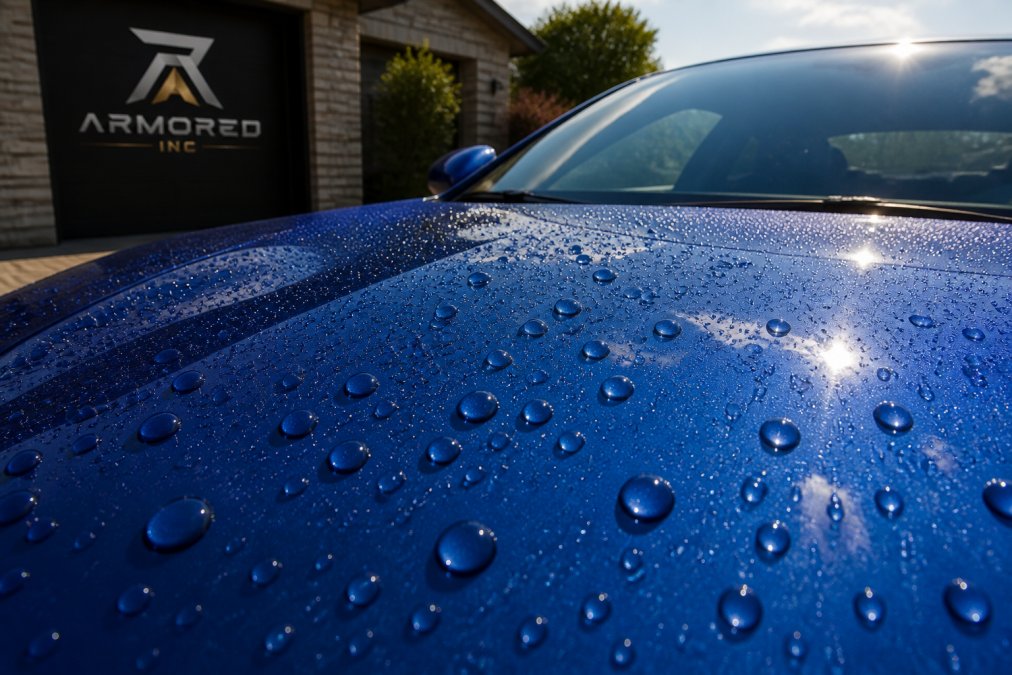 Water beads forming on a deep blue sports car hood protected by a ceramic coating in the sunlight.