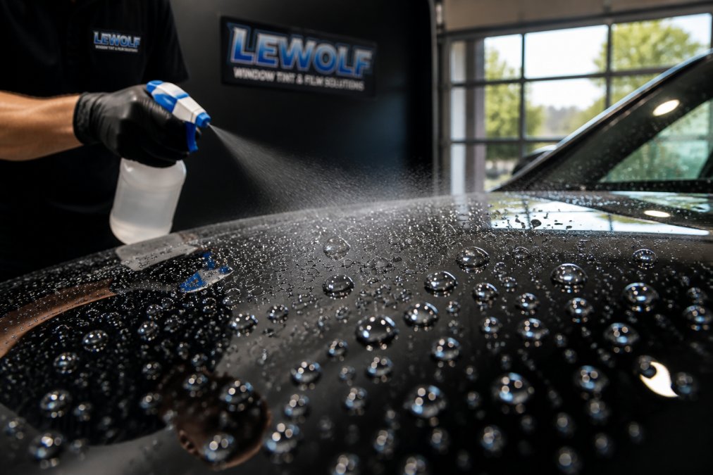 Water beading on a glossy black car hood to show ceramic coating vs graphene performance under sunlight