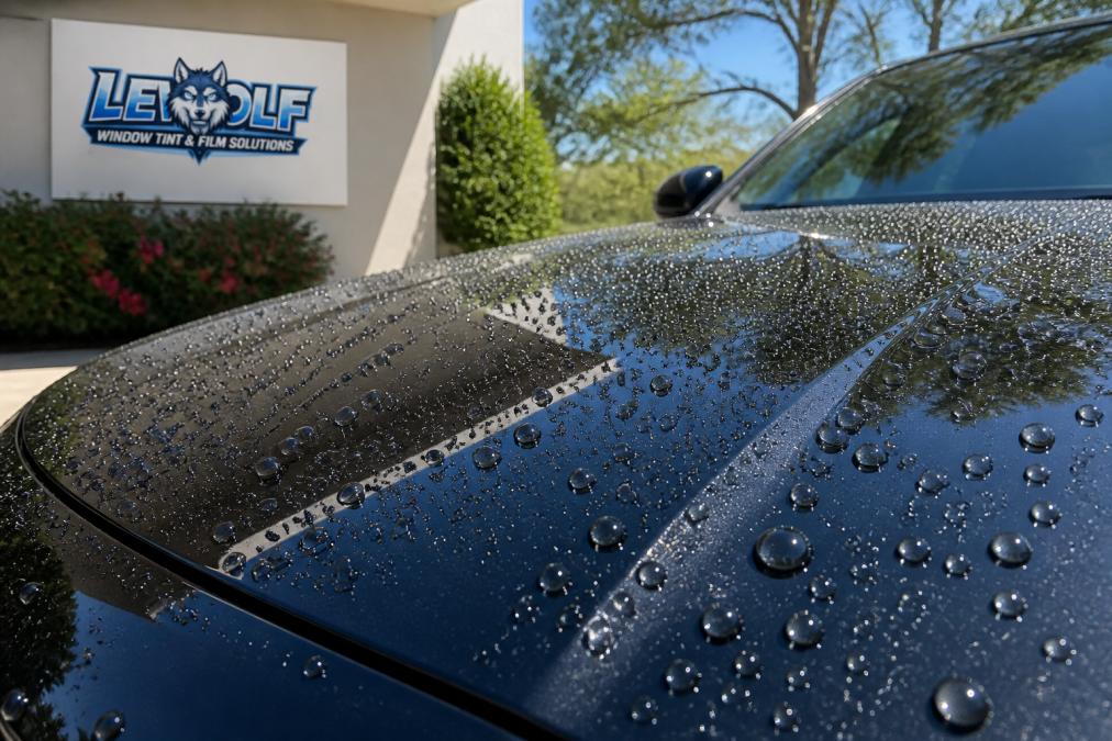 A close-up of a glossy dark car hood with water beading on the surface, showing distinct round droplets in bright sunlight in an outdoor driveway setting