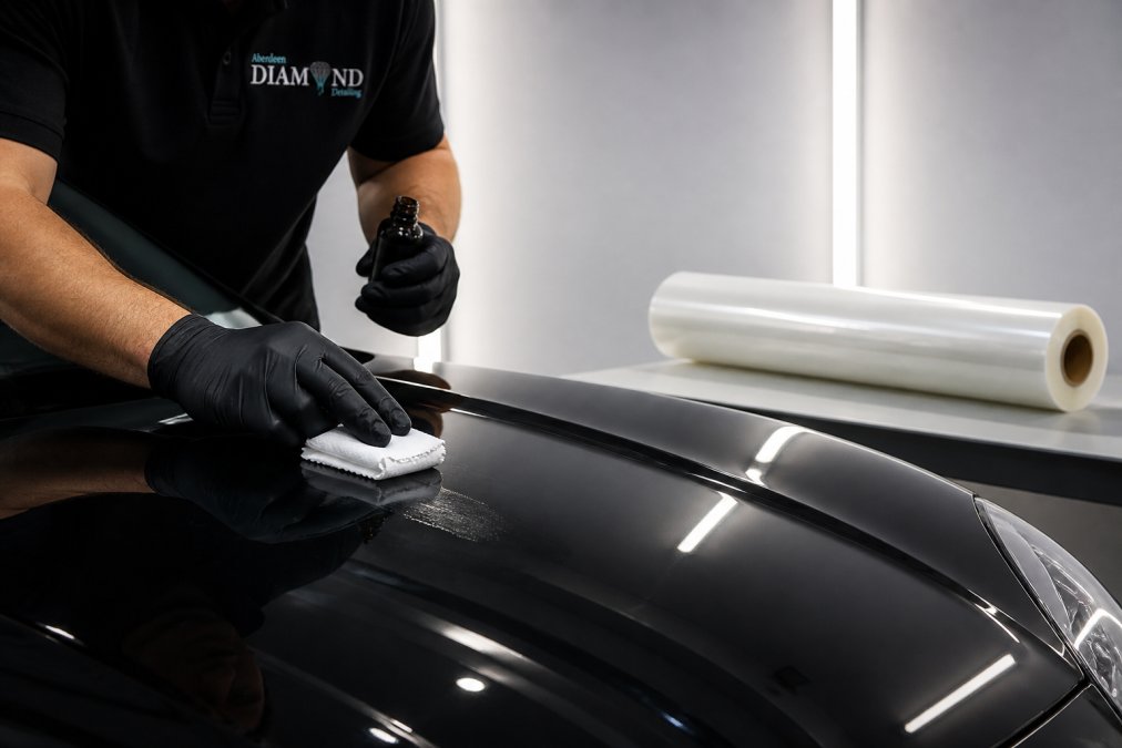 Close-up of a detailer's gloved hands applying a ceramic coating to a dark prestige car bonnet in a bright, clean detailing studio, with a paint protection film roll visible in the background