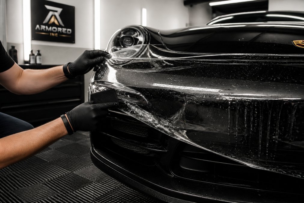 A technician's hands in a professional garage applying clear film to the front bumper of a luxury sports car, using a precision squeegee to work out air bubbles under bright workshop lighting