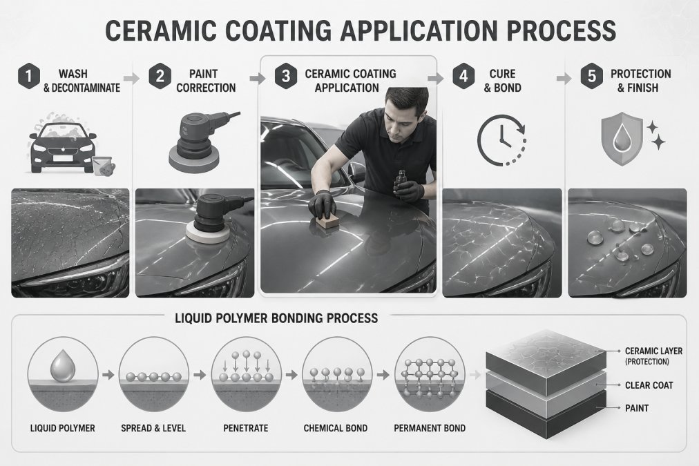 Professional applying ceramic coating to vehicle surface with precision applicator, showing the liquid polymer bonding process in detail
