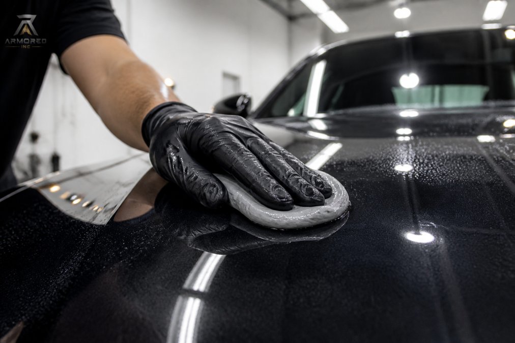 Professional technician carefully applying clay bar to a dark-colored vehicle's hood, removing embedded contaminants and industrial fallout, with detailed view of the clay bar texture against the paint surface