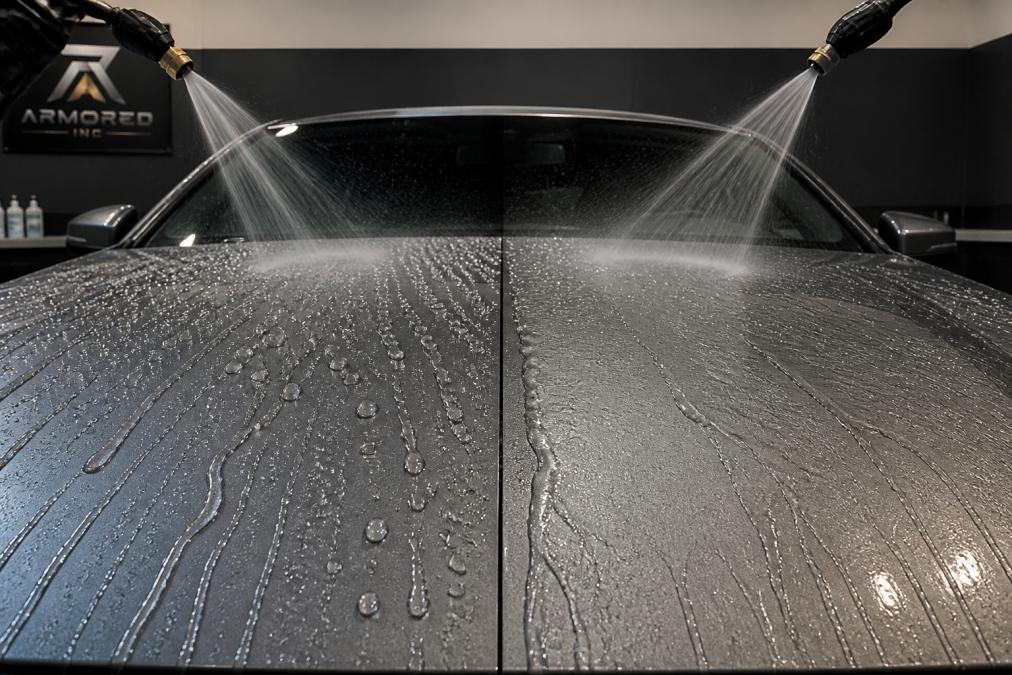 Water droplets beading and rolling off a freshly ceramic-coated car surface during a rinse, demonstrating the hydrophobic properties and how contaminants slide away rather than sticking to the paint