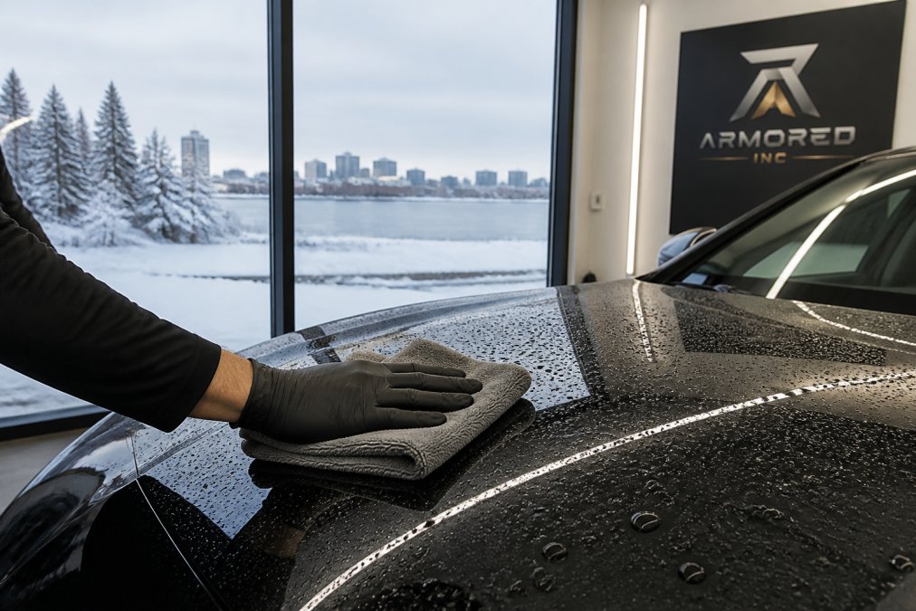 A gloved hand holding a microfiber towel wiping a glossy, water-beaded car hood inside a bright garage, with a snowy Ontario winter landscape visible through the window behind