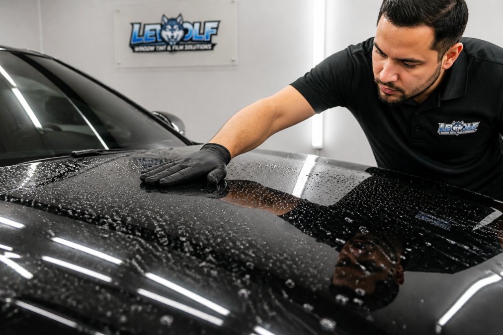Professional automotive technician inspecting ceramic-coated vehicle hood in bright workshop, running gloved hand across glossy surface showing water beading and hydrophobic properties