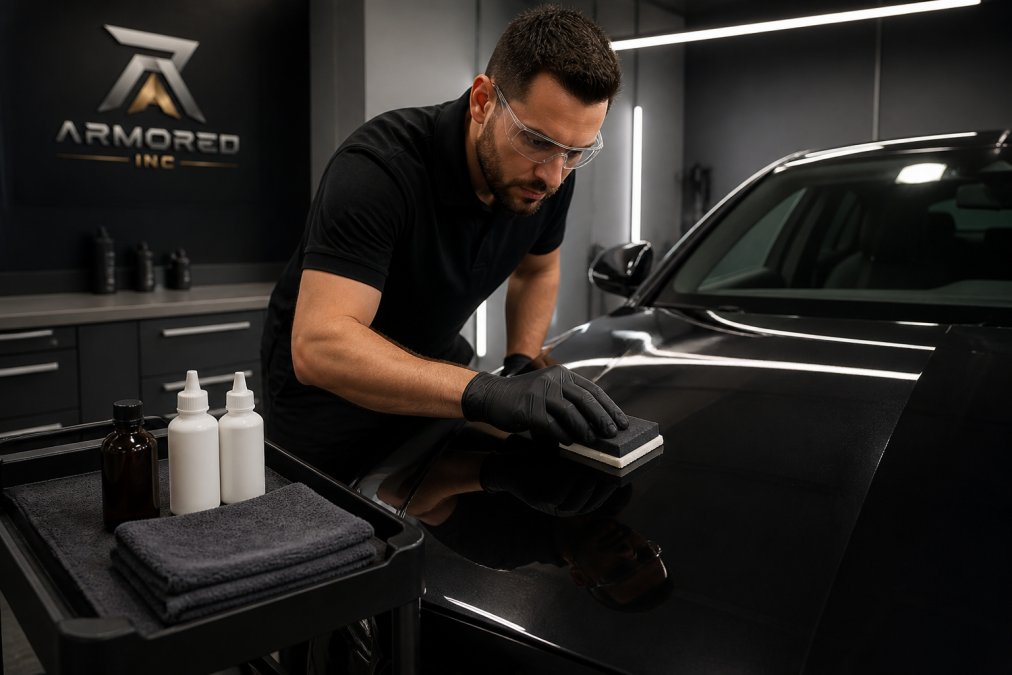 Technician applying professional ceramic coatings to a luxury car hood in a modern detailing facility