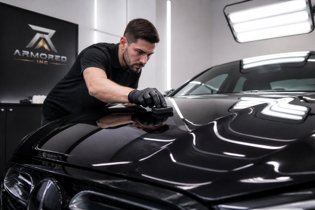 A technician in a clean detailing bay applying a ceramic coating to the hood of a dark luxury car with a suede applicator block, inspection light overhead, reflection visible in the paint
