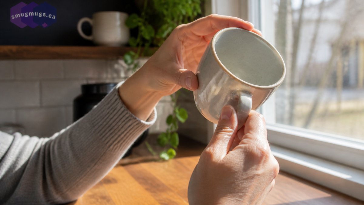 Close-up of hands holding a ceramic mug up to a window, light catching the glaze and revealing the rim edge, wooden kitchen counter below