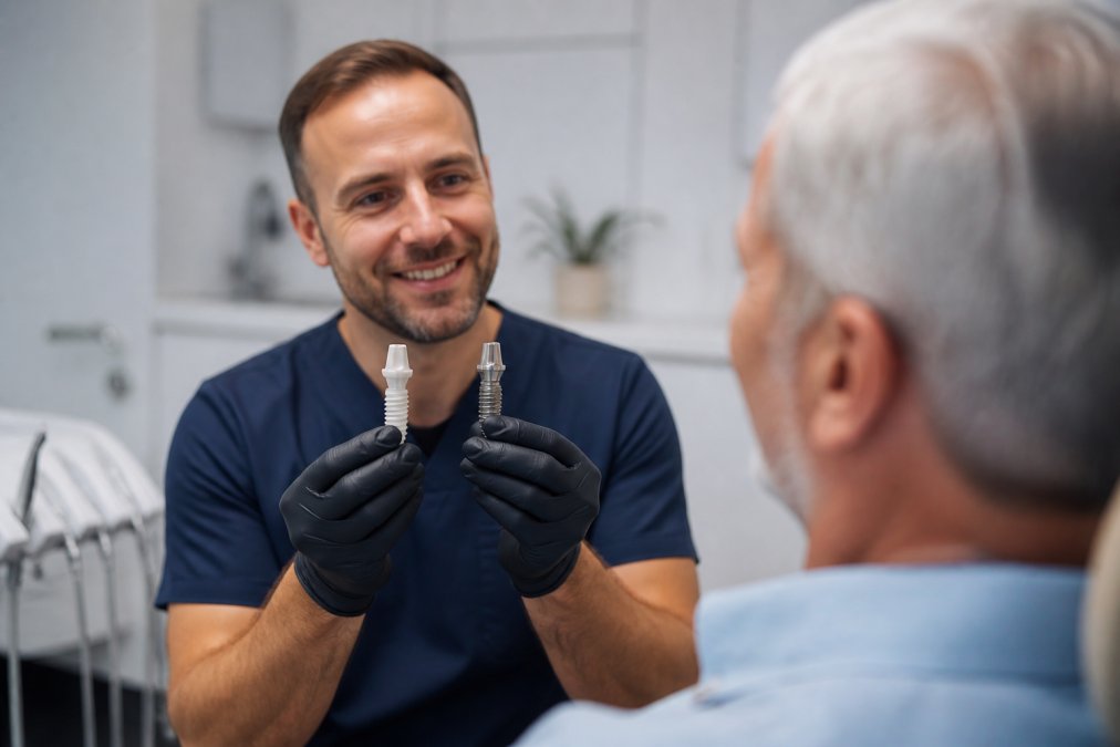 Close-up of a dental professional holding two dental implant models side by side, one white ceramic and one metallic titanium, in a bright modern dental clinic