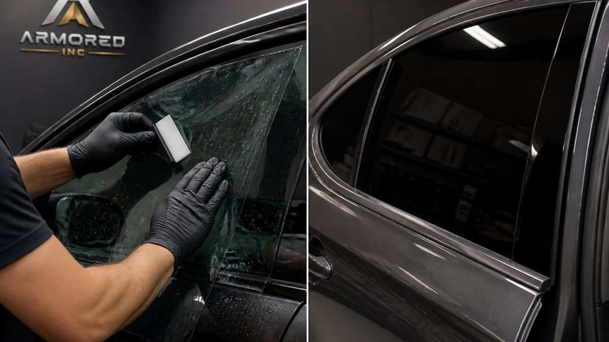Close-up of a technician's gloved hands applying a clear ceramic window tint film to a car window with a squeegee, indoor garage setting with soft lighting