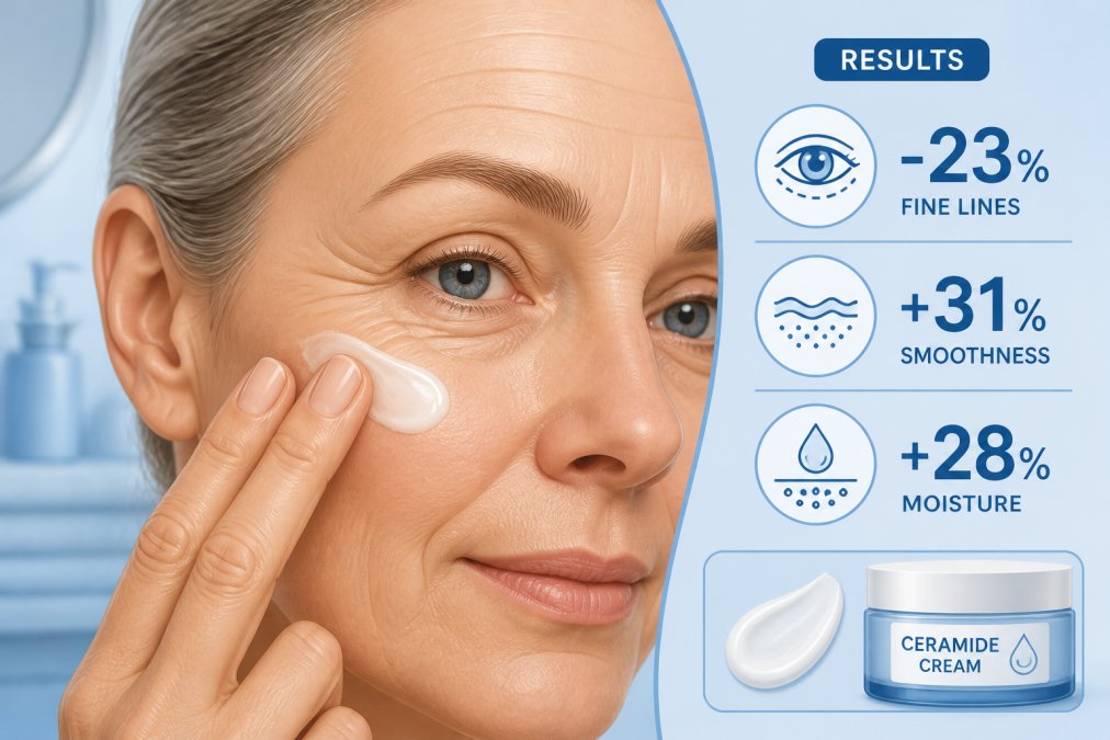 Close-up of mature skin showing fine lines around the eyes and forehead, with a hand applying rich cream texture to the face in natural bathroom lighting