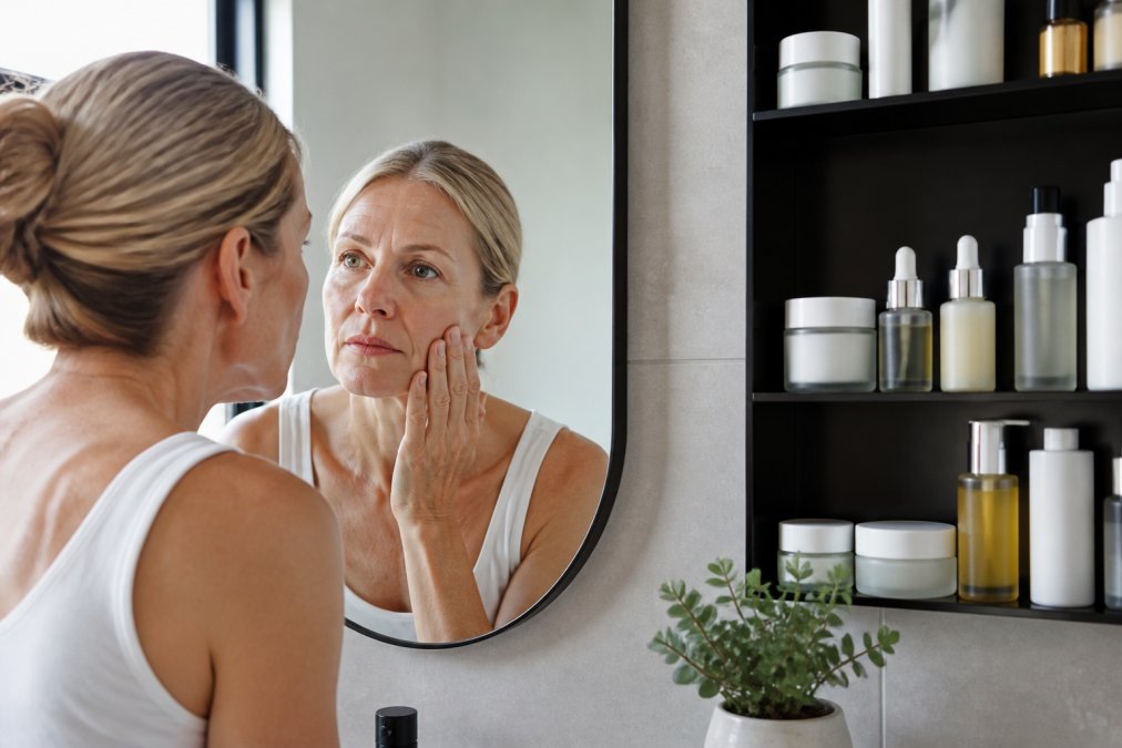 Person in a bathroom mirror examining their skin barrier closely, with skincare products arranged neatly on a shelf nearby, natural window lighting