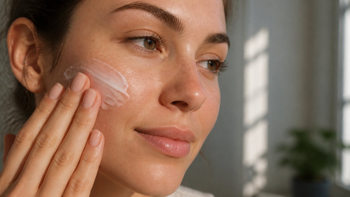 Close-up of a hand applying a light cream texture to the cheek, showing smooth absorption and spreadability on skin with natural morning light