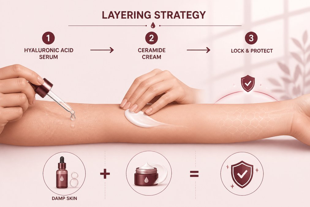 Hands applying skincare products in careful sequence on the forearm, showing hyaluronic acid serum being applied first to damp skin, then a ceramide cream layered on top, with natural window lighting